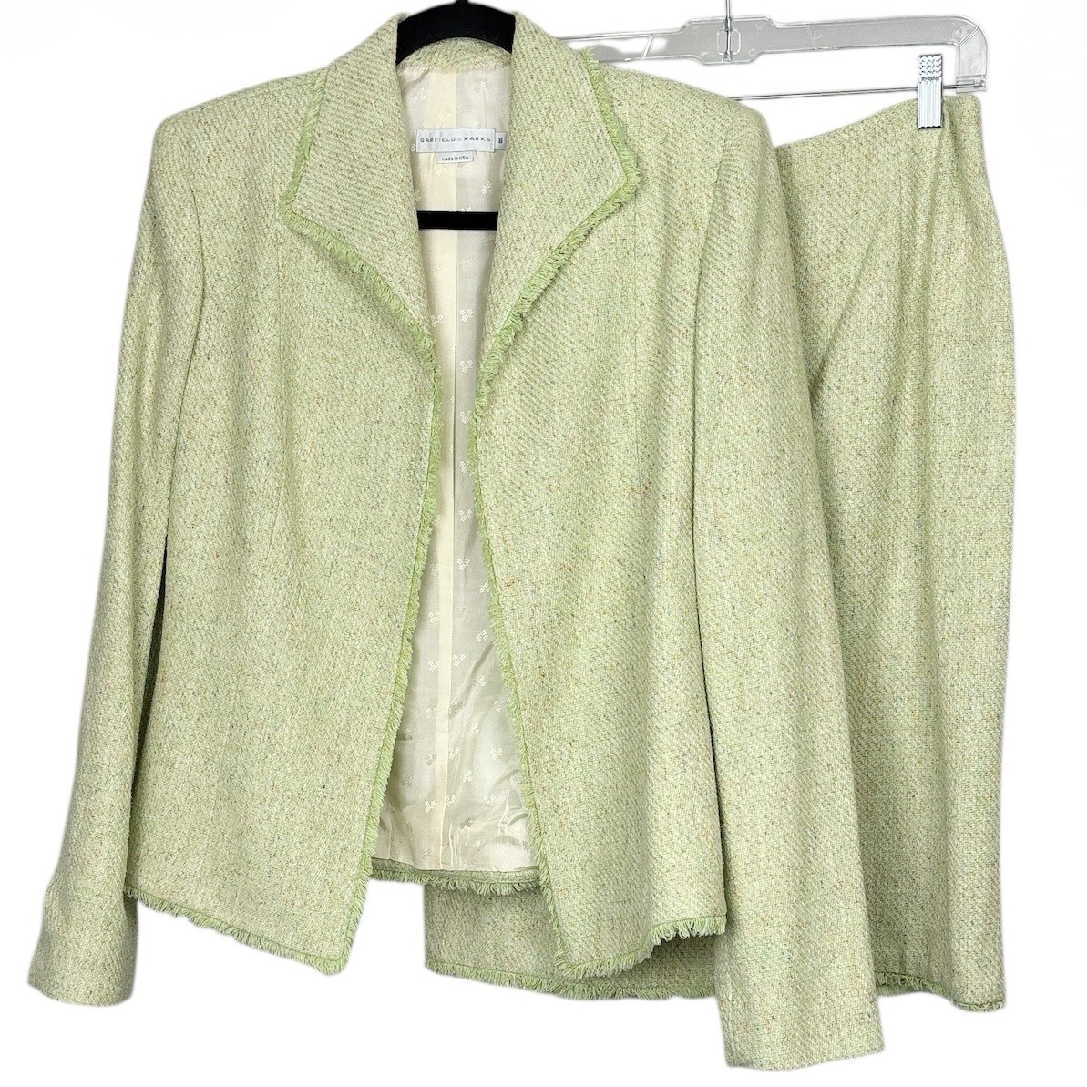 Garfield & Marks Women's Suit Set Size 8 Green Tweed Blazer Skirt Fringed Trim